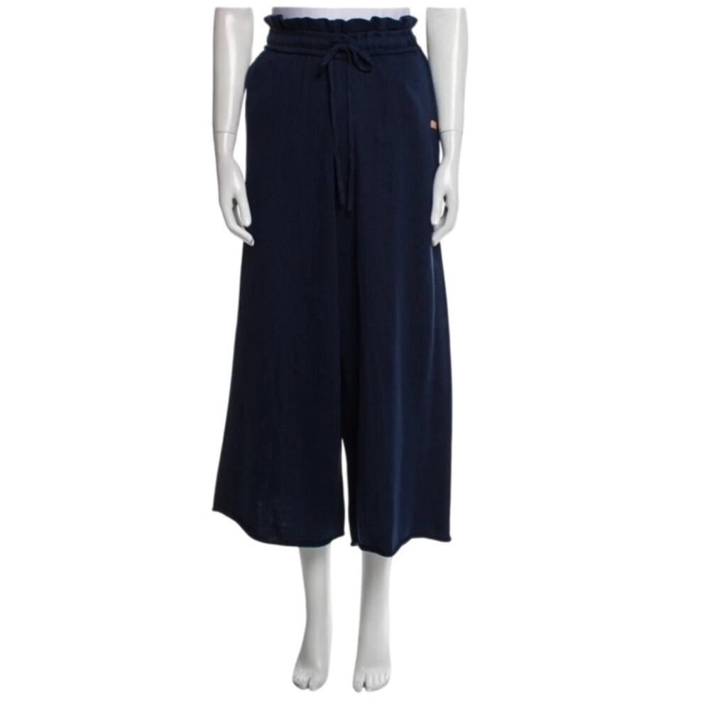 Lunya Women's Large Navy Blue Silk Ruffle Wide Leg Embellishment Sweatpants